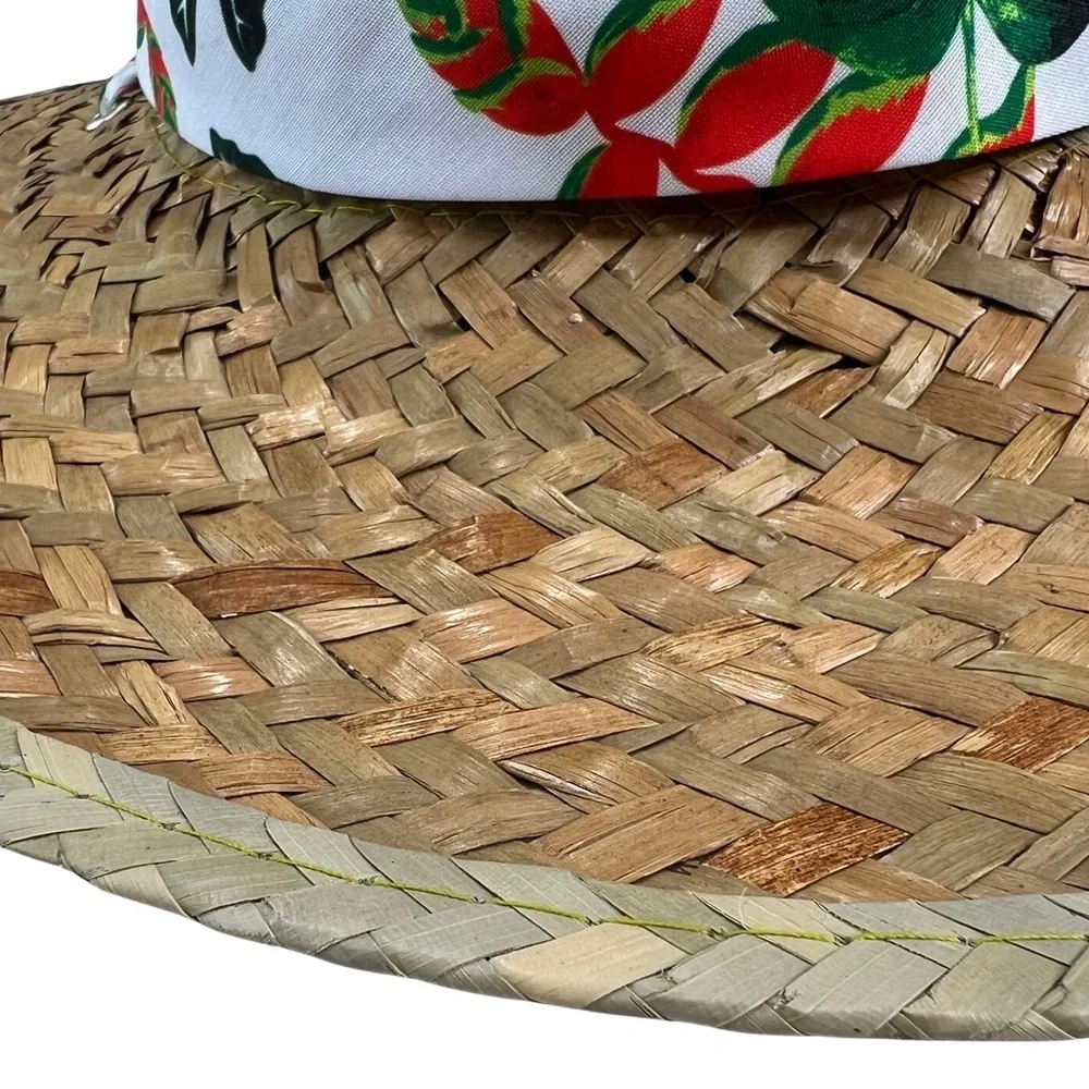 Straw Sun Hat Goldcoast Sunwear Tropical Floral Palm Leaf Band Tan White Green
